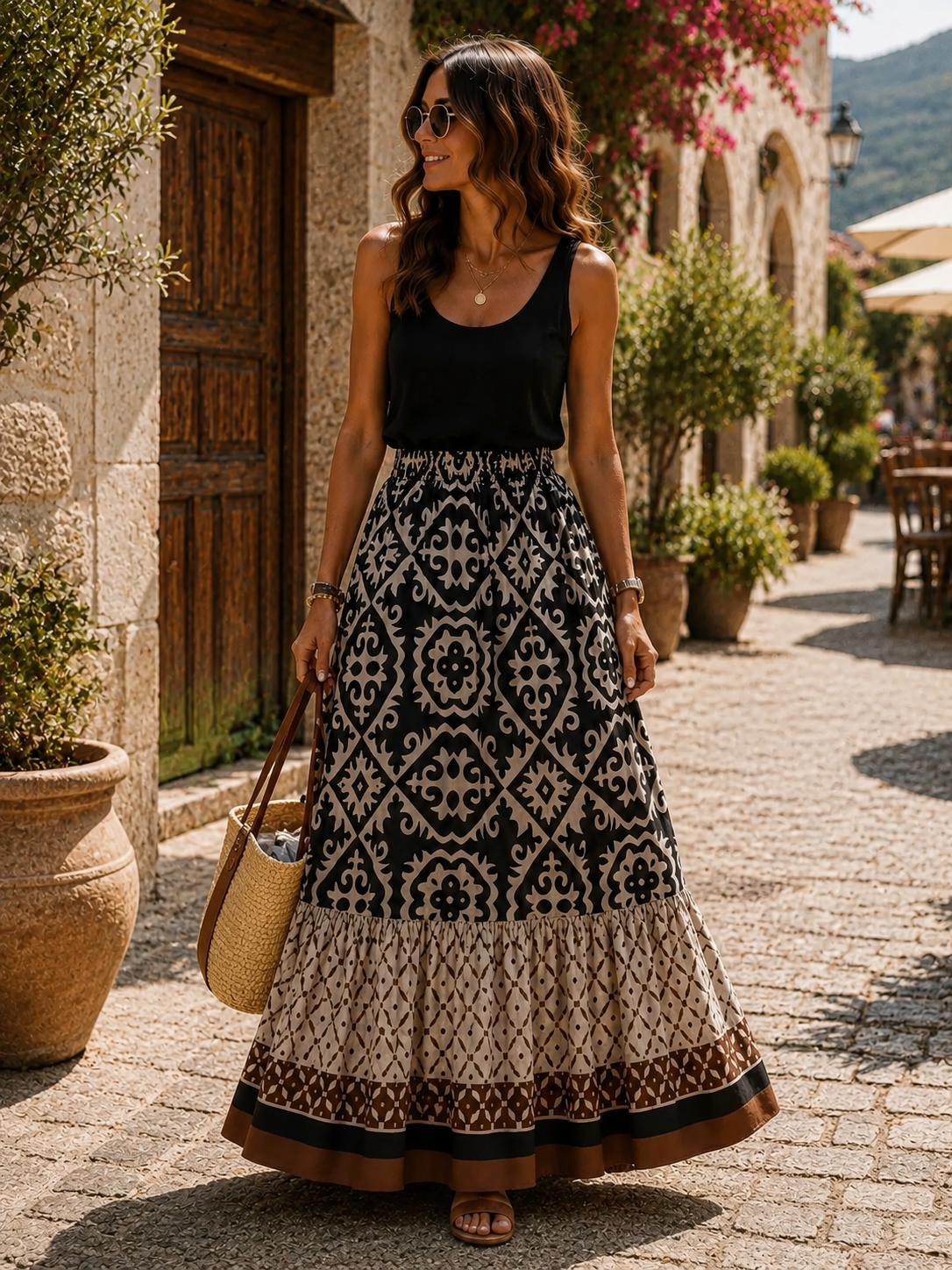 Petronella Women's Maxi Skirt – Bohemian Print, Tiered Hem & Elastic Waist
