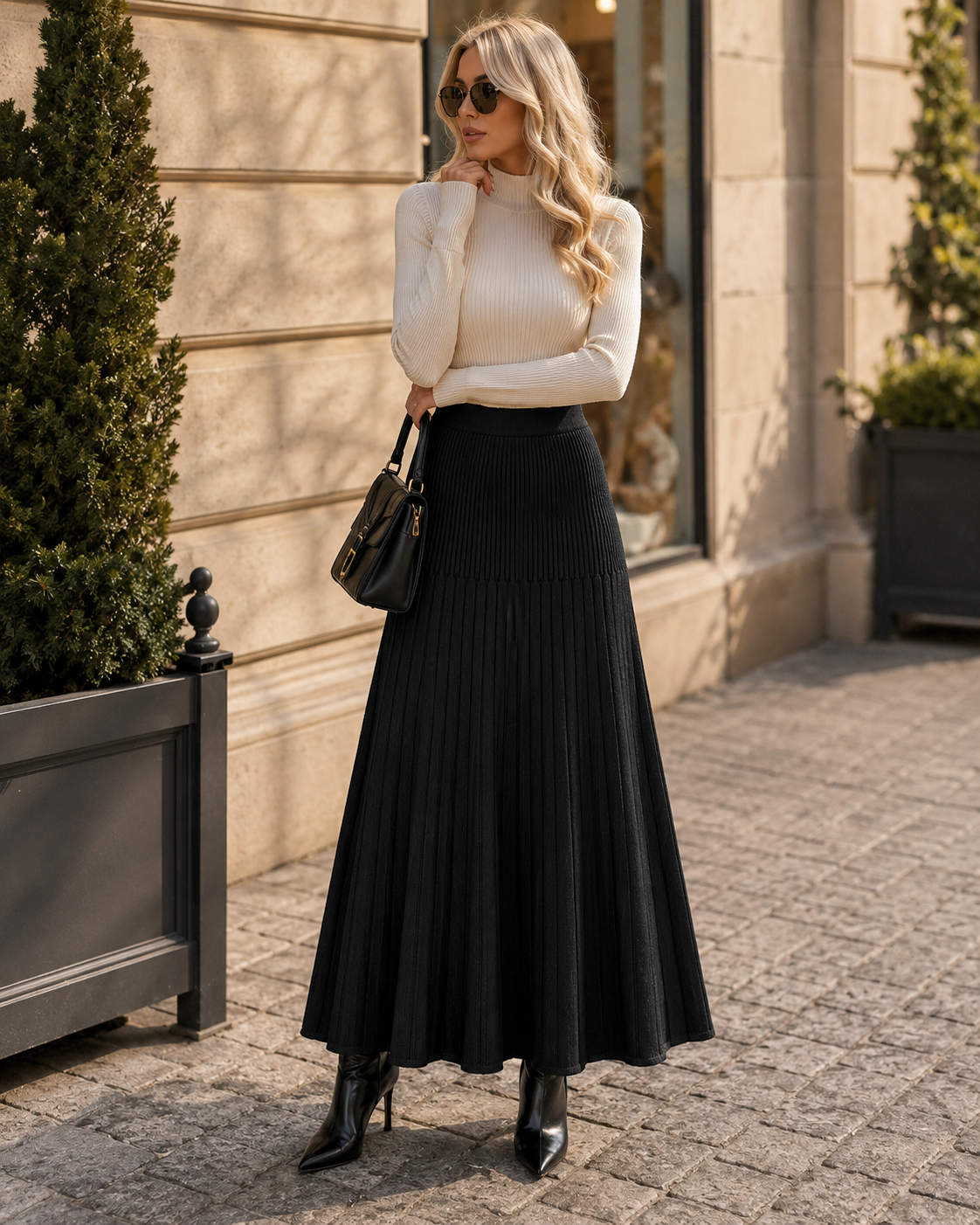 Anwen Women's Pleated Knit Skirt – High-Rise Waist, Fishtail Hem & Elastic Fit