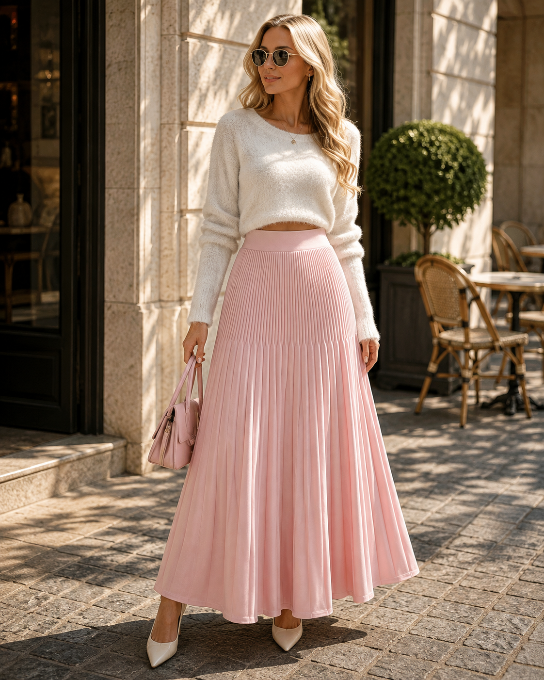 Anwen Women's Pleated Knit Skirt – High-Rise Waist, Fishtail Hem & Elastic Fit