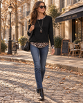 Phoebe Women's Leopard Trim Top – Crew Neck Long Sleeve Relaxed Fit Layered Look