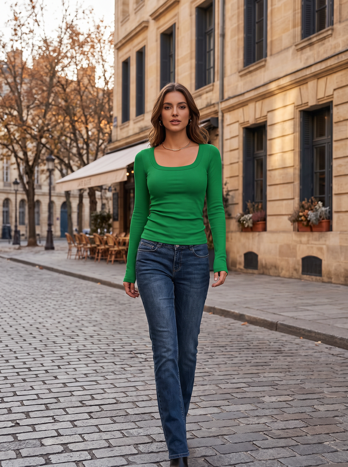Dawn Women's Ribbed Square Neck Top – Slim Fit, Long Sleeves & Stretch Fabric