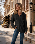Beverly Women's Waffle Knit Zip-Up Hoodie – Drawstring Hood, Oversized Fit & 2 Pockets