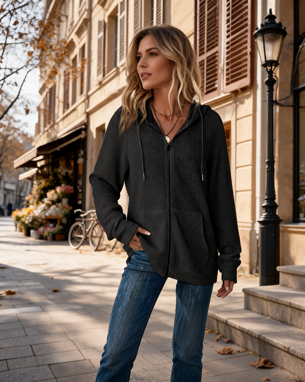 Beverly Women's Waffle Knit Zip-Up Hoodie – Drawstring Hood, Oversized Fit & 2 Pockets