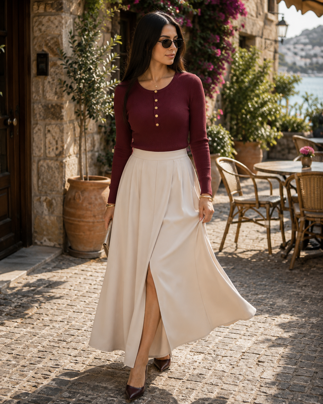 Amory Women's Ribbed Top – Full-Length Sleeves, Round Neckline & Gold Button Detail