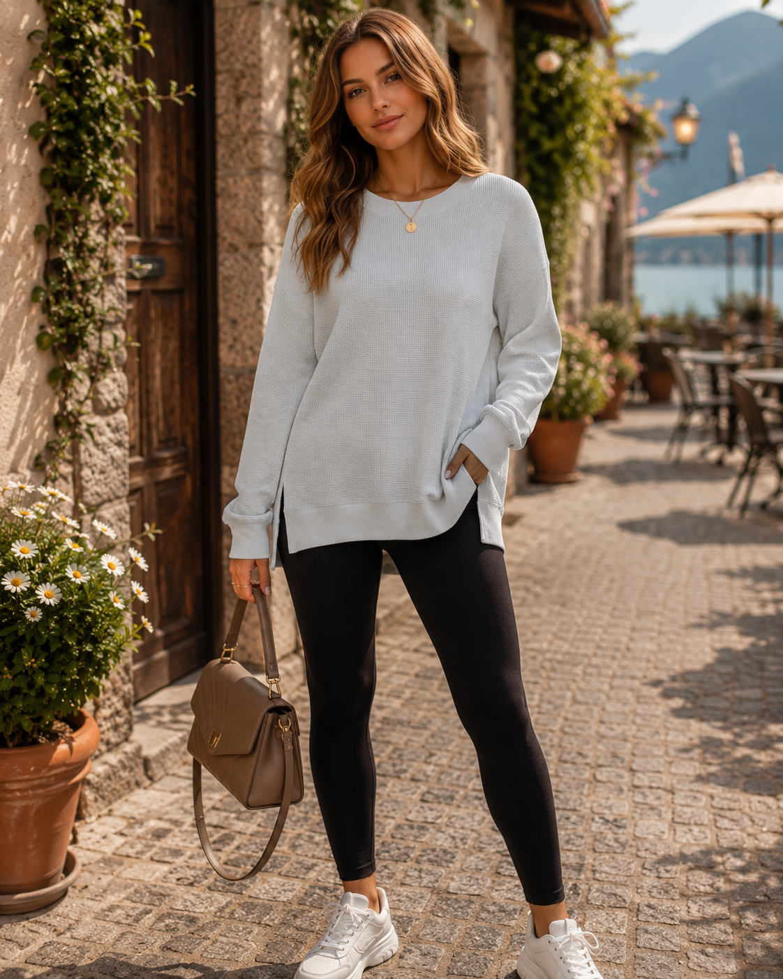 Delphinia Women's Waffle Knit Sweatshirt – Round Neckline, Side Slits & Roomy Fit