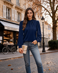 Bonnie Women's Mock Neck Blouse – Front Pleats, Puff Sleeves & Stretch Fabric