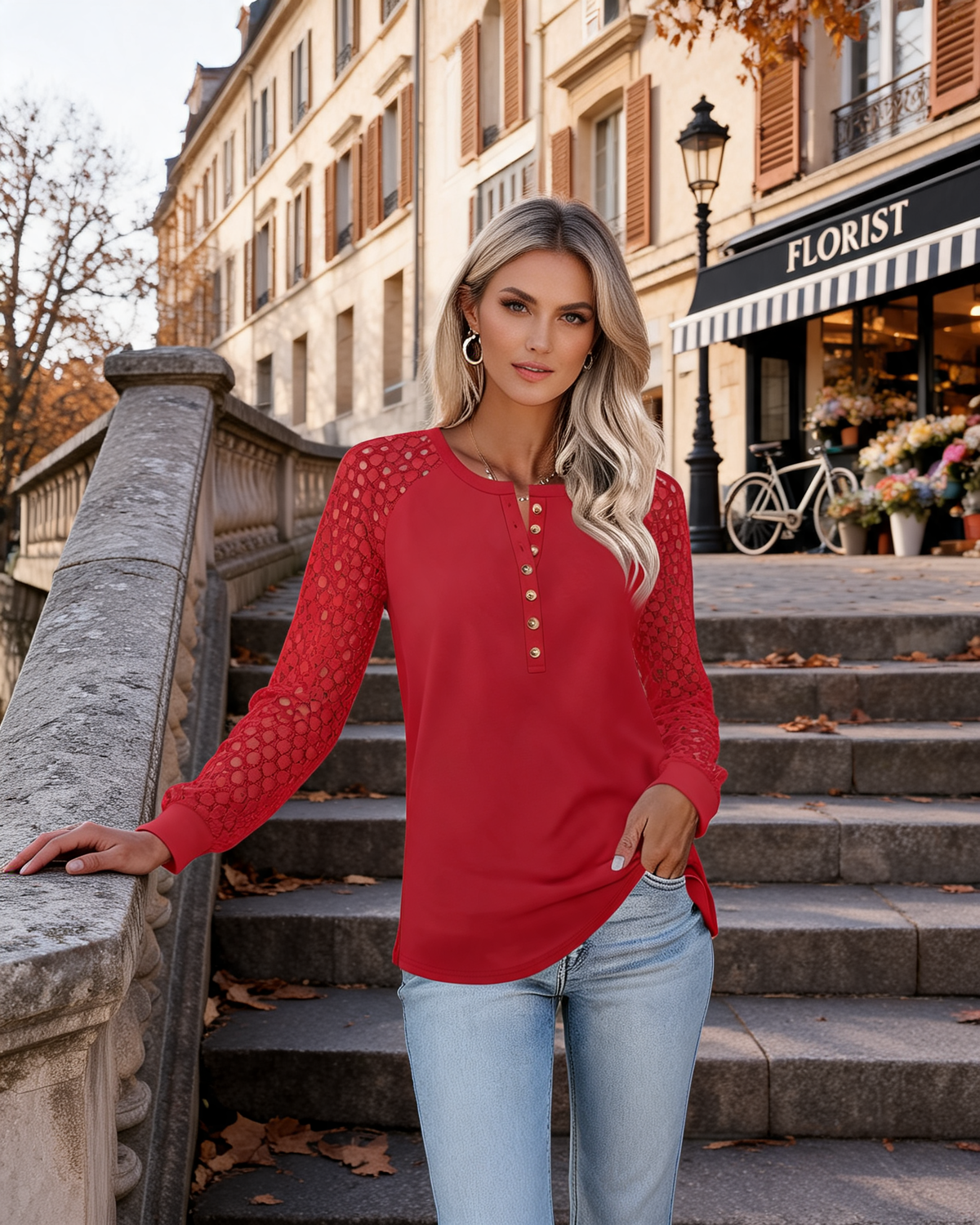 Barbara Women's Lace Sleeve Henley Top – Button Front, Long Sleeves & Stretch Fabric