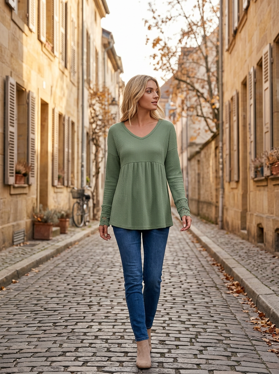 Sally Women's Waffle Knit Top – V-Neck, Lace Patchwork & Ribbed Long Sleeves