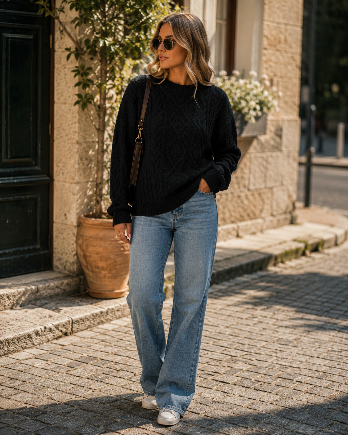 Farrow Women's Knit Sweater – Crewneck, Ribbed Detailing & Oversized Vintage Fit