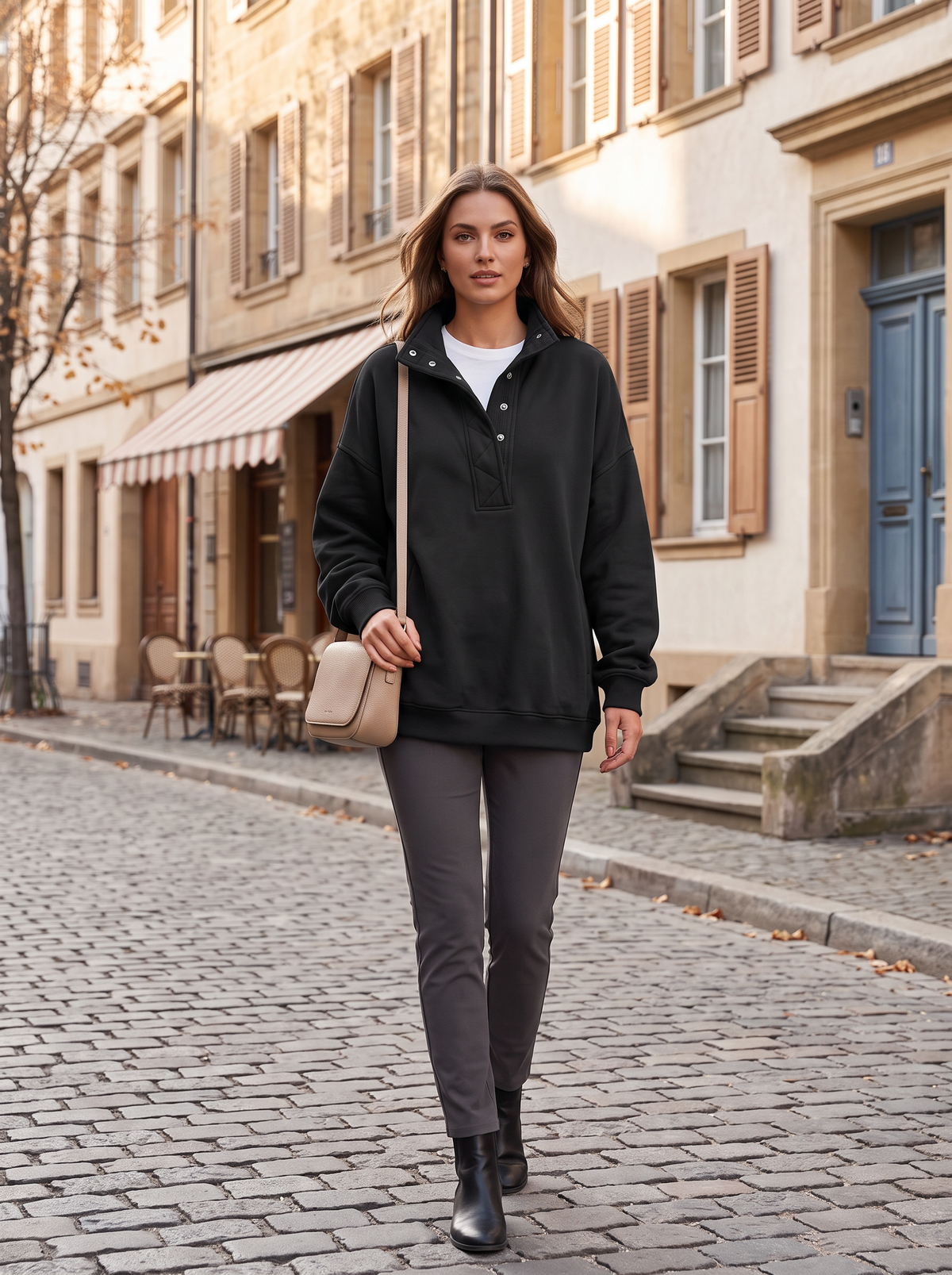 Hesper Women's Oversized Henley Sweatshirt – Snap Collar, Fleece-Lined Interior & Dropped-Shoulder Design