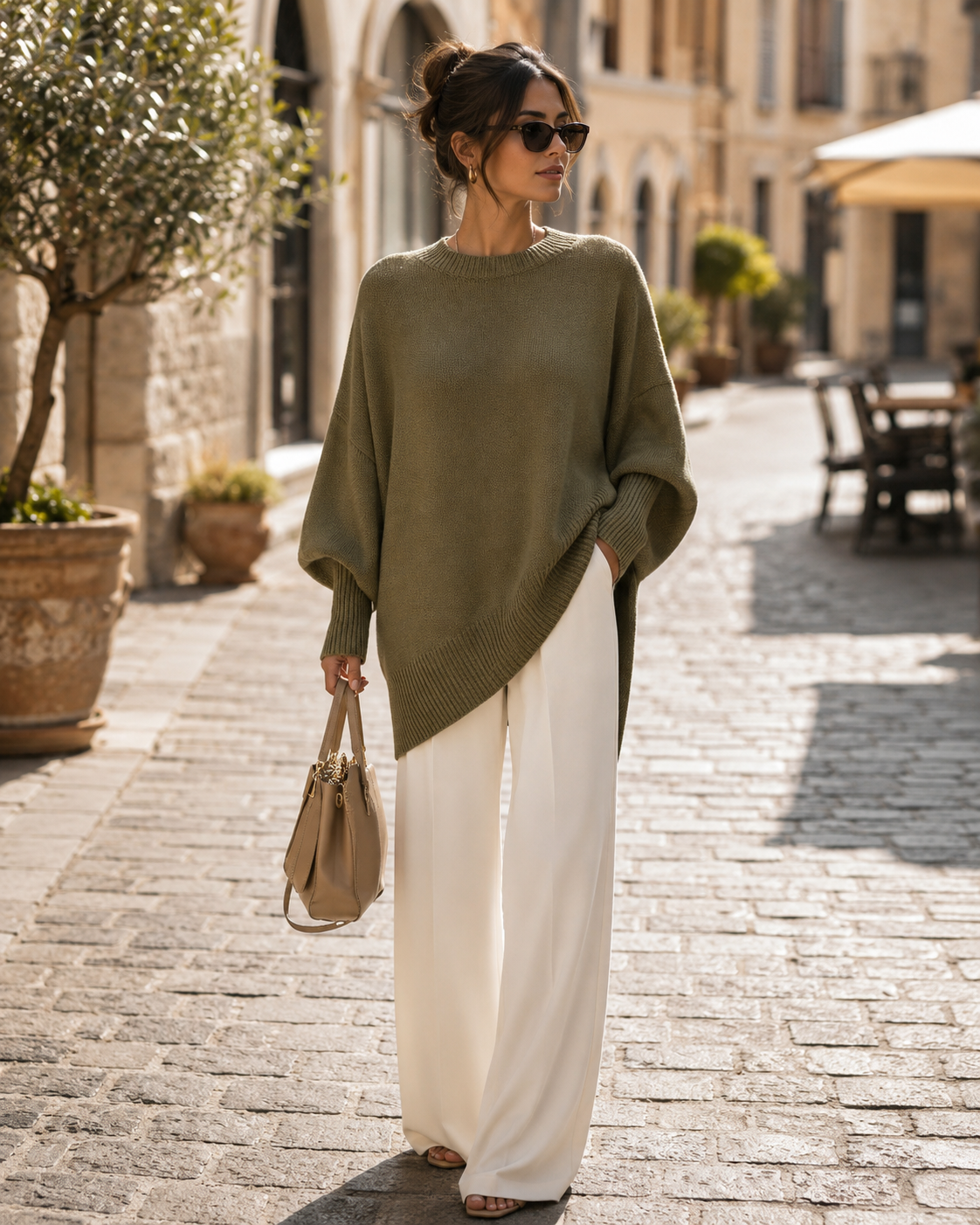 Quirin Women's Oversized Top – Round Neckline, Wide Sleeves & Ribbed Detailing