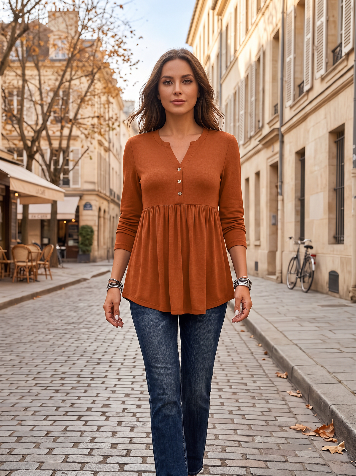 Simone Women's Henley Blouse – V-Neck, Long Sleeves, Decorative Buttons & Pleated Detail