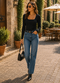 Vesna Women's Ribbed Top – Square Neck, Full-Length Sleeves & Slim Stretch Fit