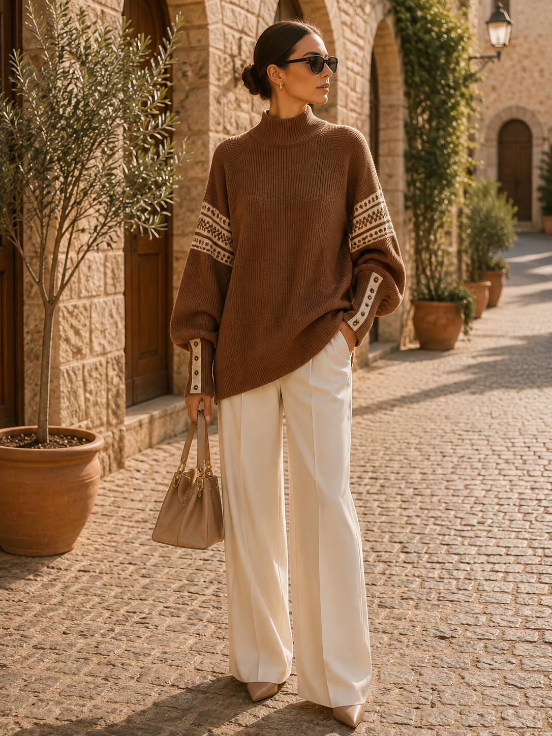 Yannick Women's Colourblock Sweater – Mandarin Collar, Balloon Sleeves & Comfortable Fit