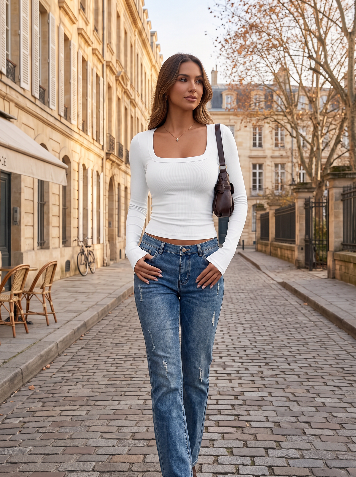 Dawn Women's Ribbed Square Neck Top – Slim Fit, Long Sleeves & Stretch Fabric
