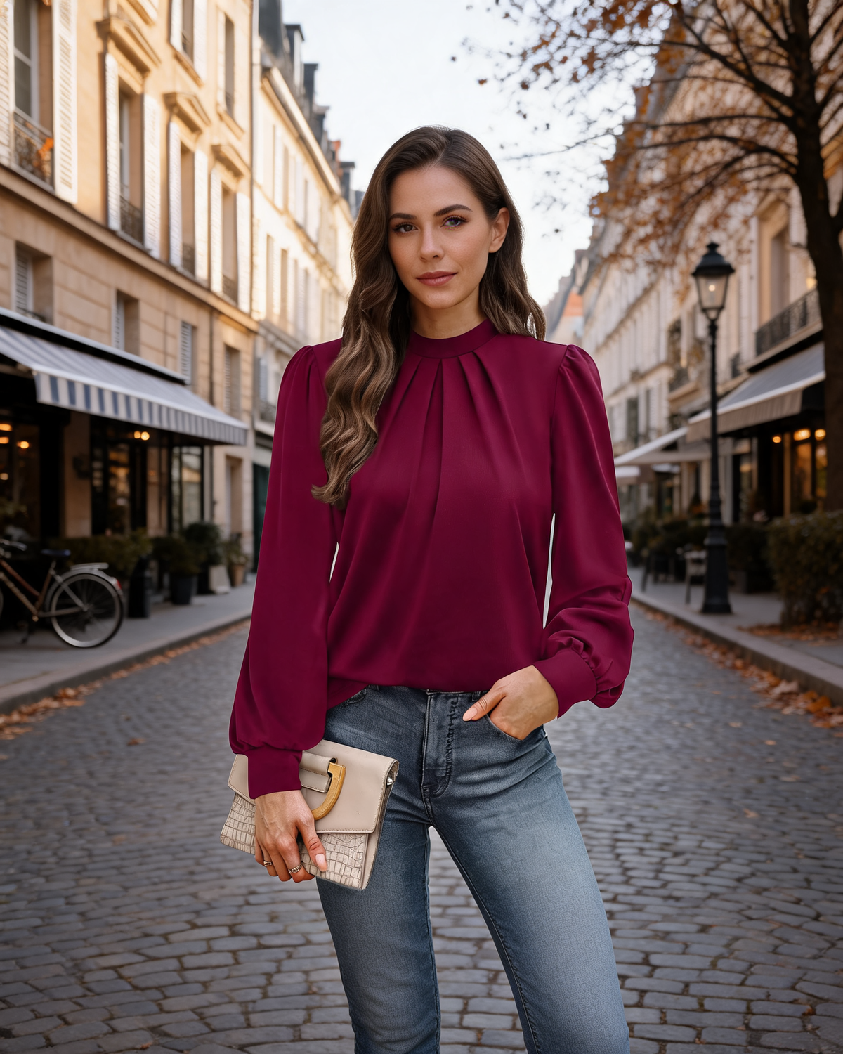 Bonnie Women's Mock Neck Blouse – Front Pleats, Puff Sleeves & Stretch Fabric