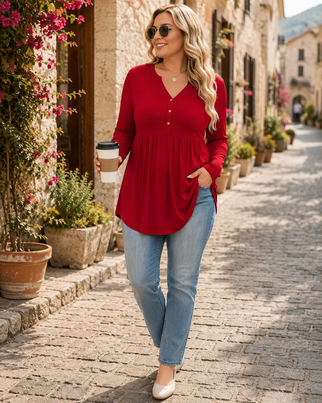Marisenne Women's Henley Sweater – V-Neckline, Pleated Waist & Comfortable Fit