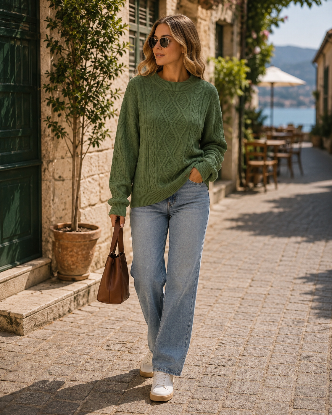 Farrow Women's Knit Sweater – Crewneck, Ribbed Detailing & Oversized Vintage Fit