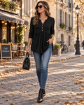 Simone Women's Henley Blouse – V-Neck, Long Sleeves, Decorative Buttons & Pleated Detail