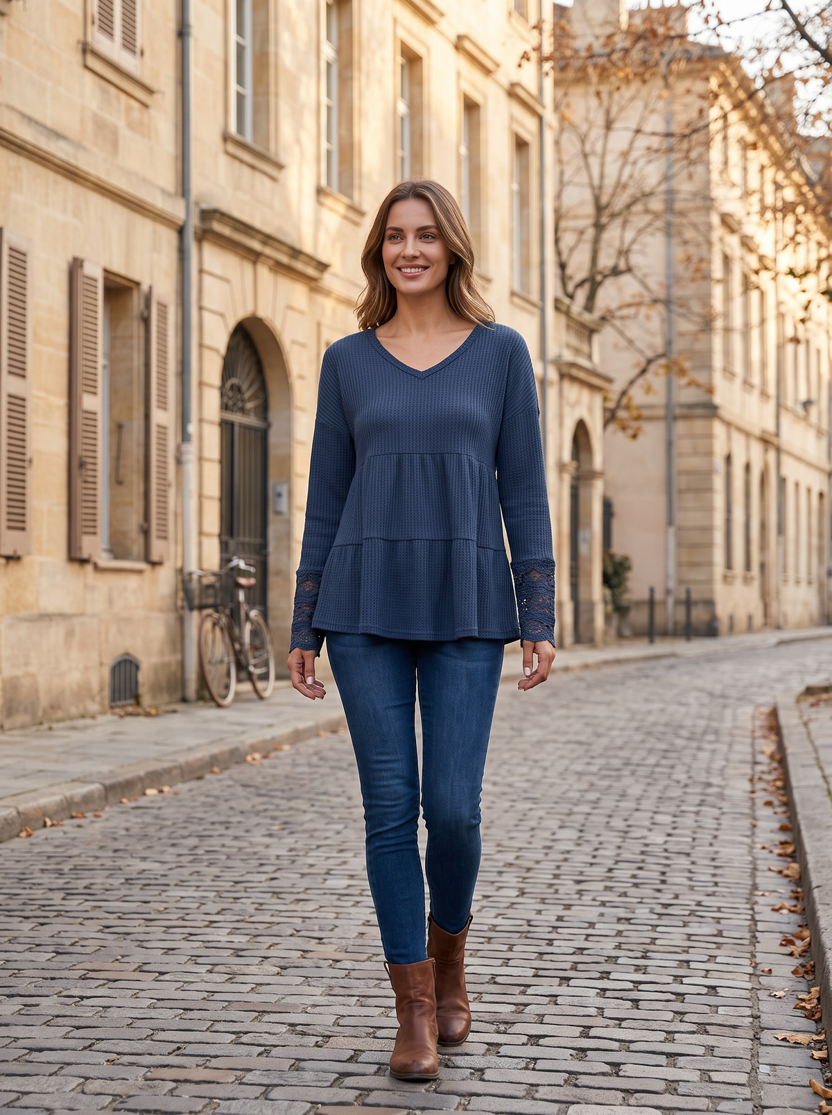Sally Women's Waffle Knit Top – V-Neck, Lace Patchwork & Ribbed Long Sleeves