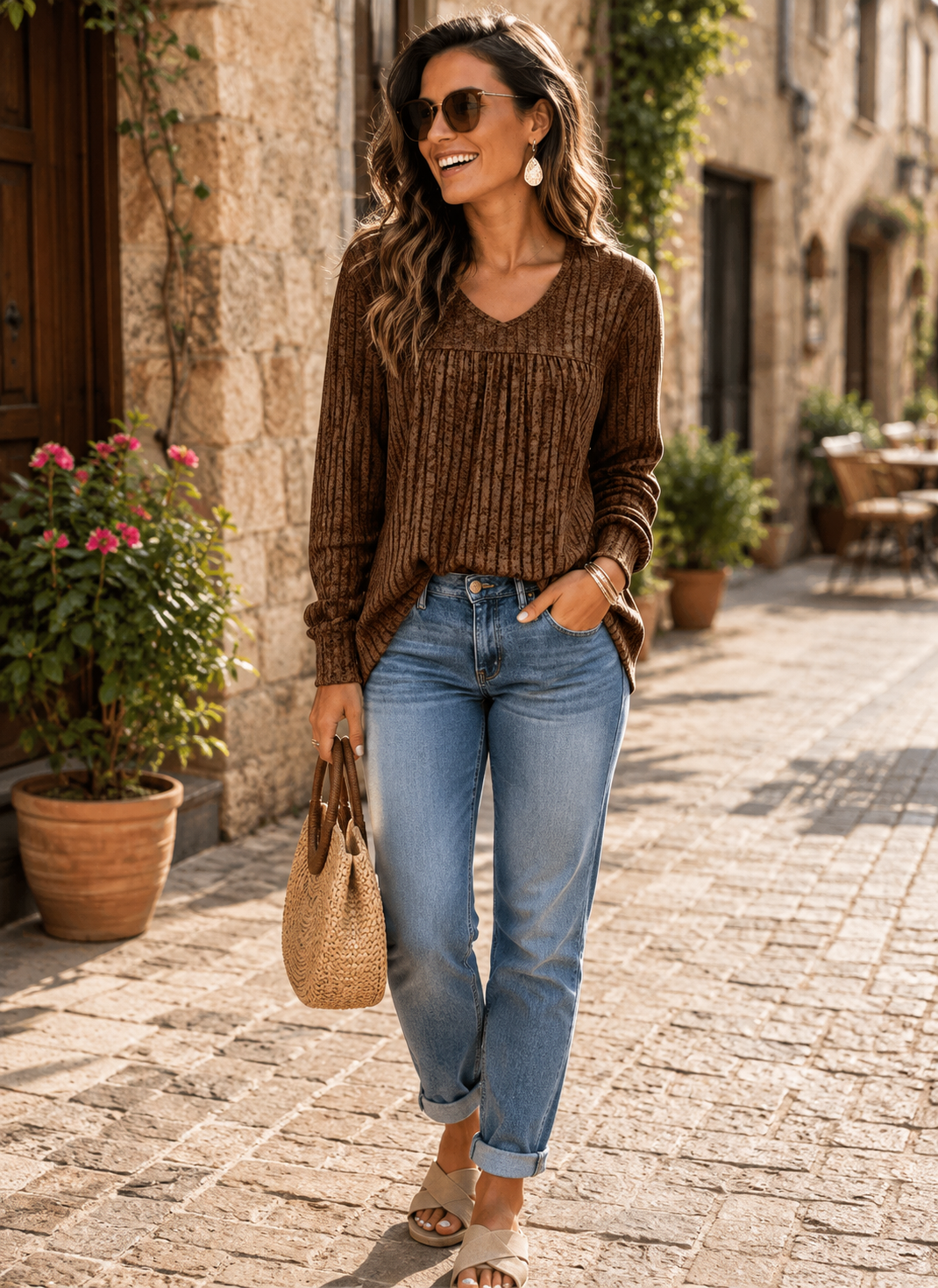 Ferelith Women's V-Neckline Sweater – Ribbed Knit Fabric, Front Pleats & Easy Fit