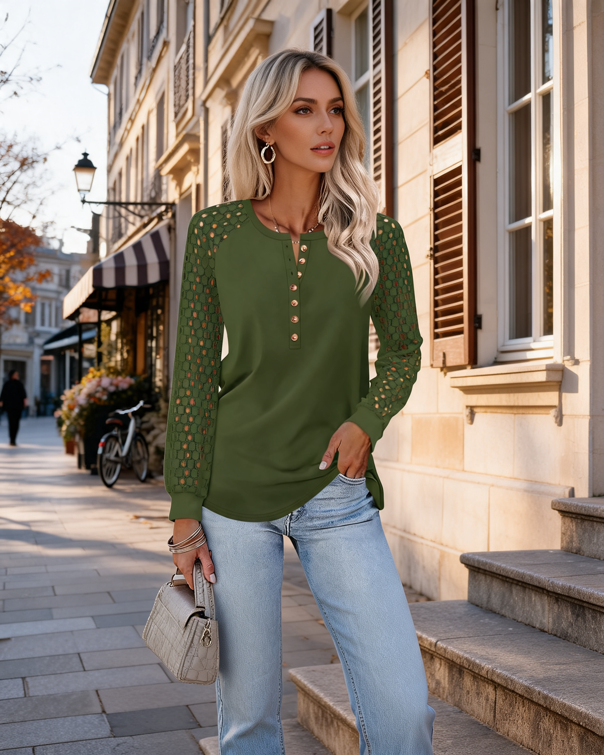 Barbara Women's Lace Sleeve Henley Top – Button Front, Long Sleeves & Stretch Fabric