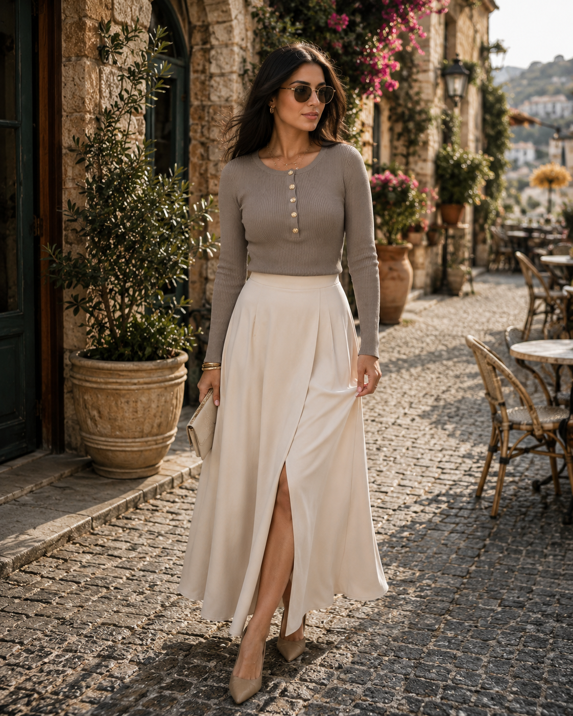 Amory Women's Ribbed Top – Full-Length Sleeves, Round Neckline & Gold Button Detail