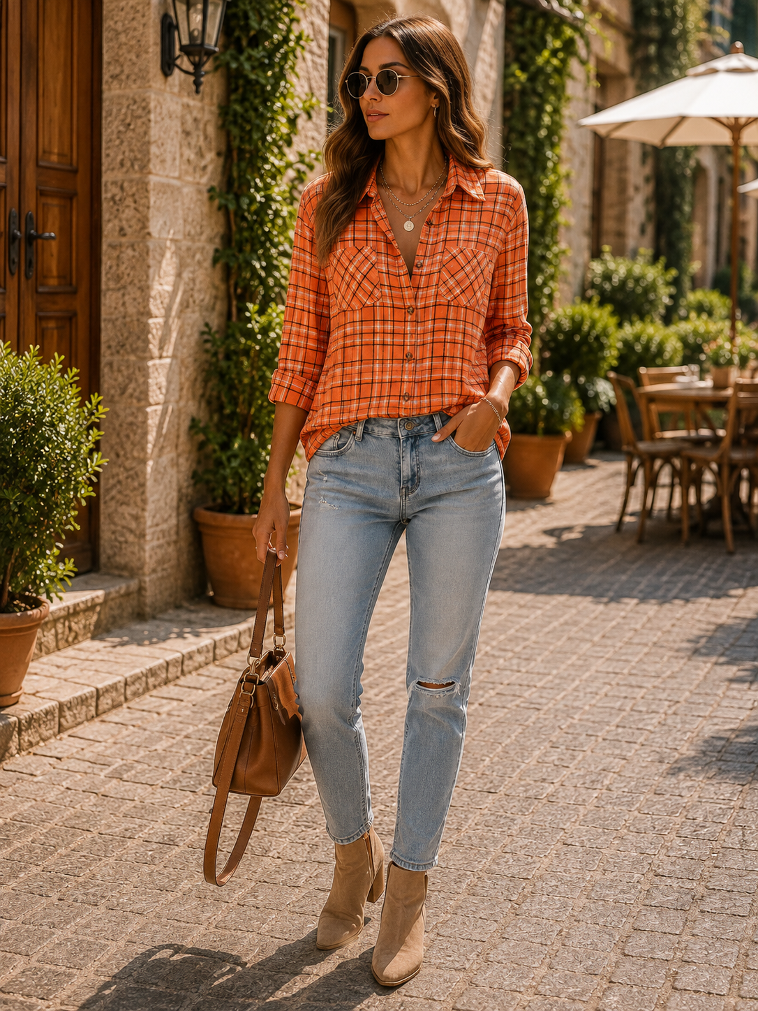 Siofra Women's Plaid Shirt – Loose Silhouette, Wooden Buttons & Front Chest Pockets