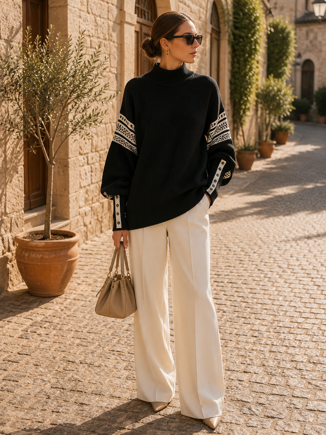 Yannick Women's Colourblock Sweater – Mandarin Collar, Balloon Sleeves & Comfortable Fit