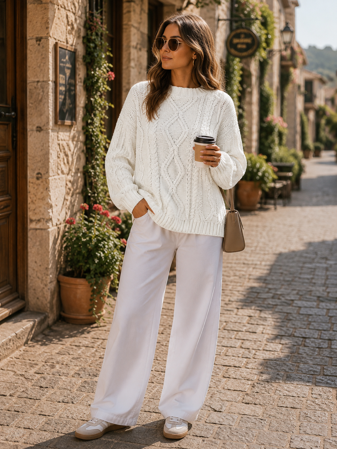 Wilder Women's Cable Knit Sweater – Loose Silhouette, Cotton-Blend Fabric & Crewneck