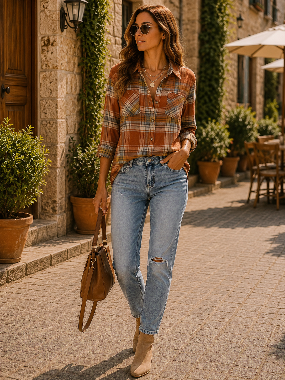 Siofra Women's Plaid Shirt – Loose Silhouette, Wooden Buttons & Front Chest Pockets