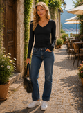 Aldric Women's Ribbed V-Neckline Top – Full-Length Sleeves, Fitted Silhouette & Stretchy Material