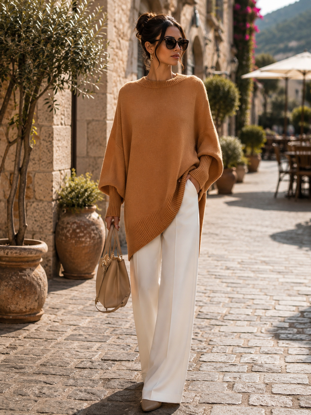 Quirin Women's Oversized Top – Round Neckline, Wide Sleeves & Ribbed Detailing