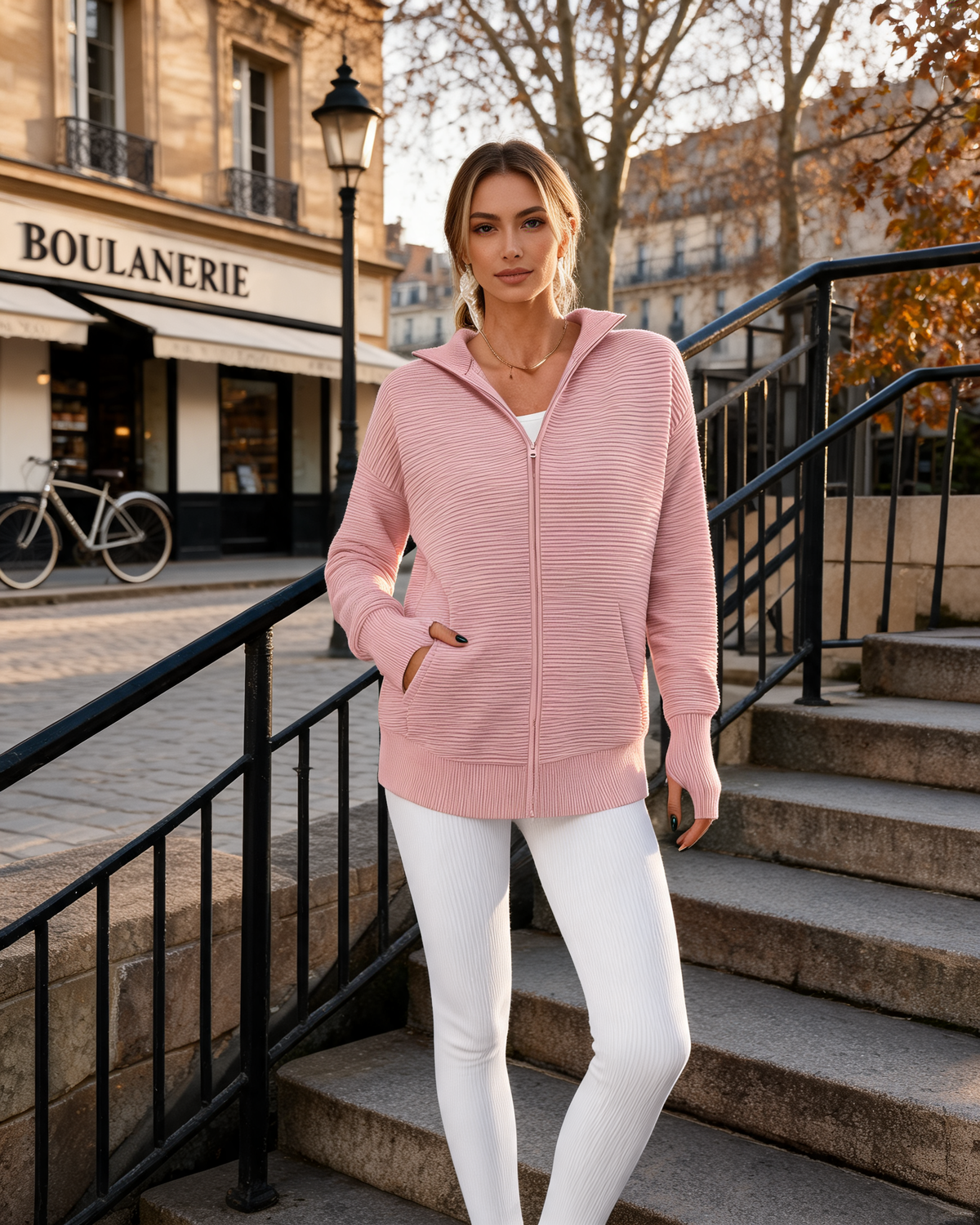 Alison Women's Full-Zip Knit Cardigan – High Neck, Thumb Holes & Kangaroo Pocket