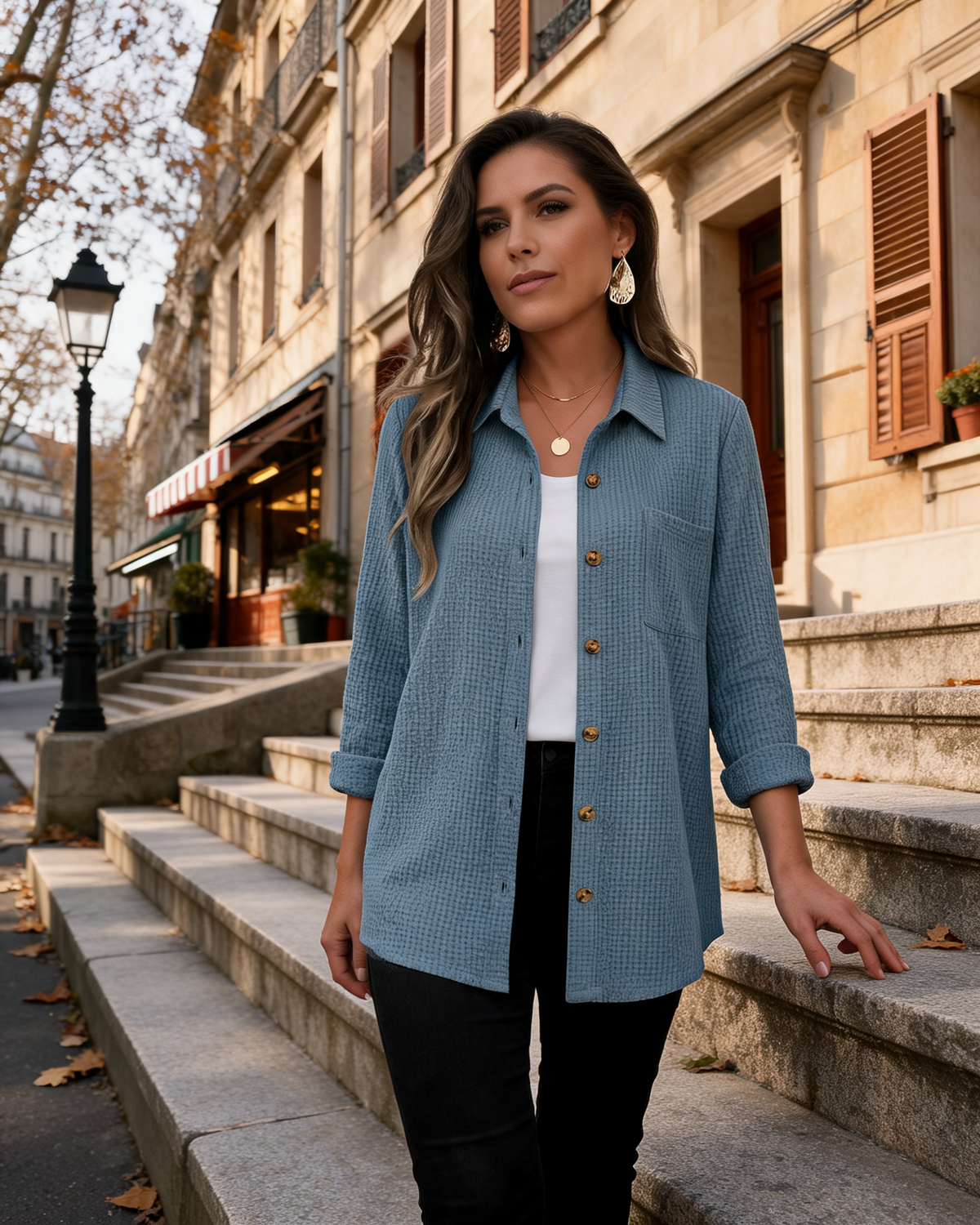 Marjorie Women's Waffle Knit Shirt – Button Front, Long Sleeves & Chest Pocket