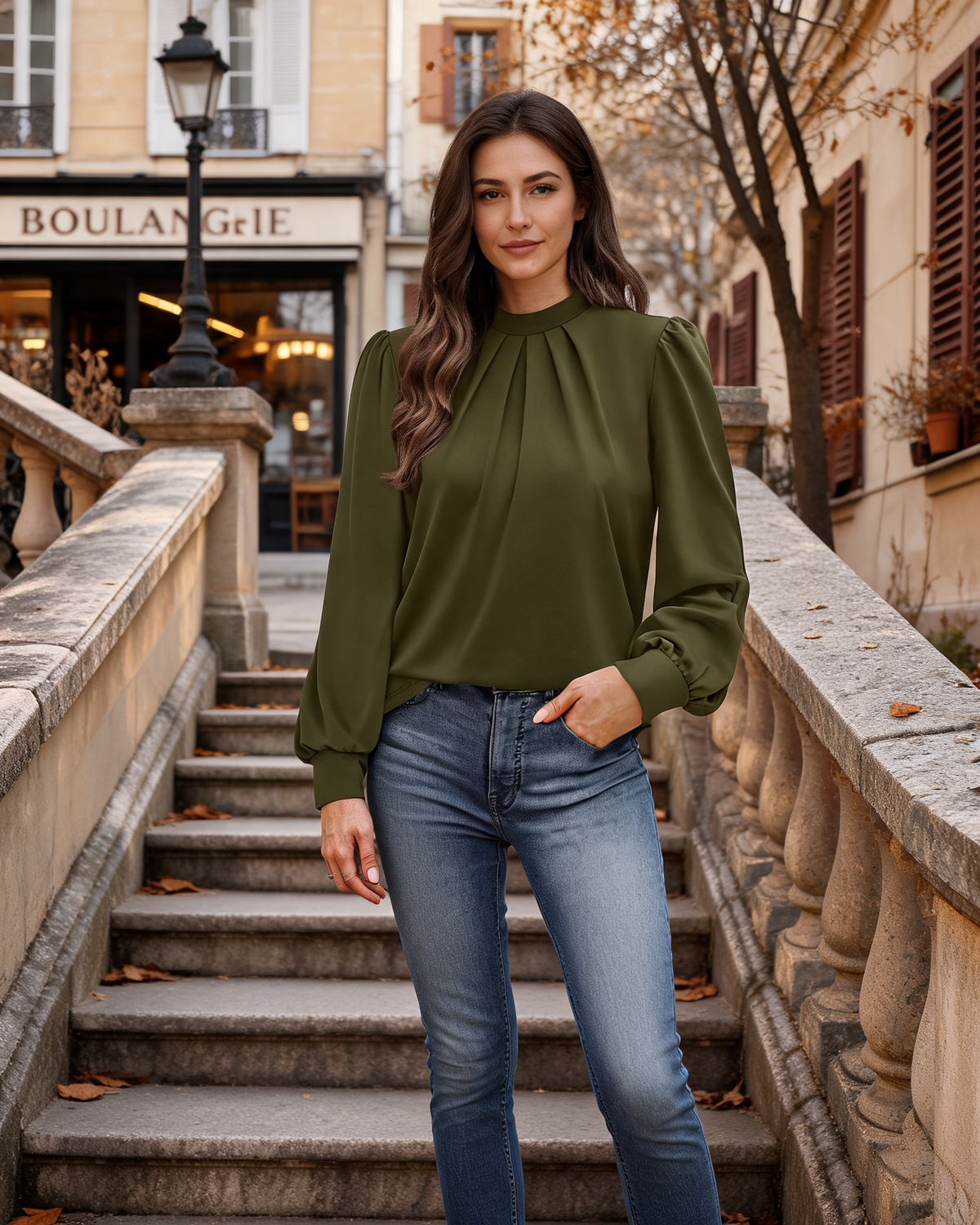 Bonnie Women's Mock Neck Blouse – Front Pleats, Puff Sleeves & Stretch Fabric