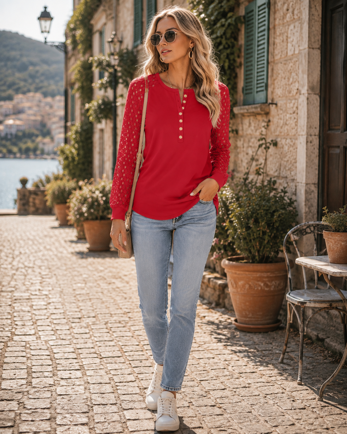 Elphine Women's Lace Sleeve Henley Top – Button-Up Front, Full-Length Sleeves & Gentle Stretch