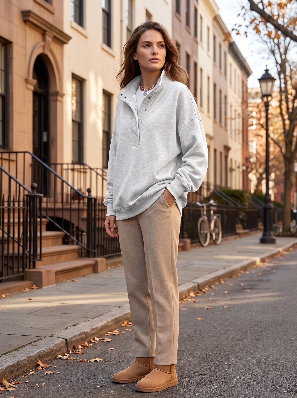 Hesper Women's Oversized Henley Sweatshirt – Snap Collar, Fleece-Lined Interior & Dropped-Shoulder Design