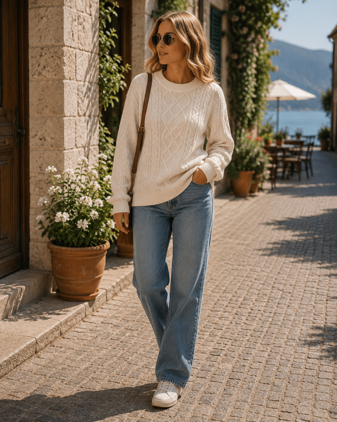Farrow Women's Knit Sweater – Crewneck, Ribbed Detailing & Oversized Vintage Fit