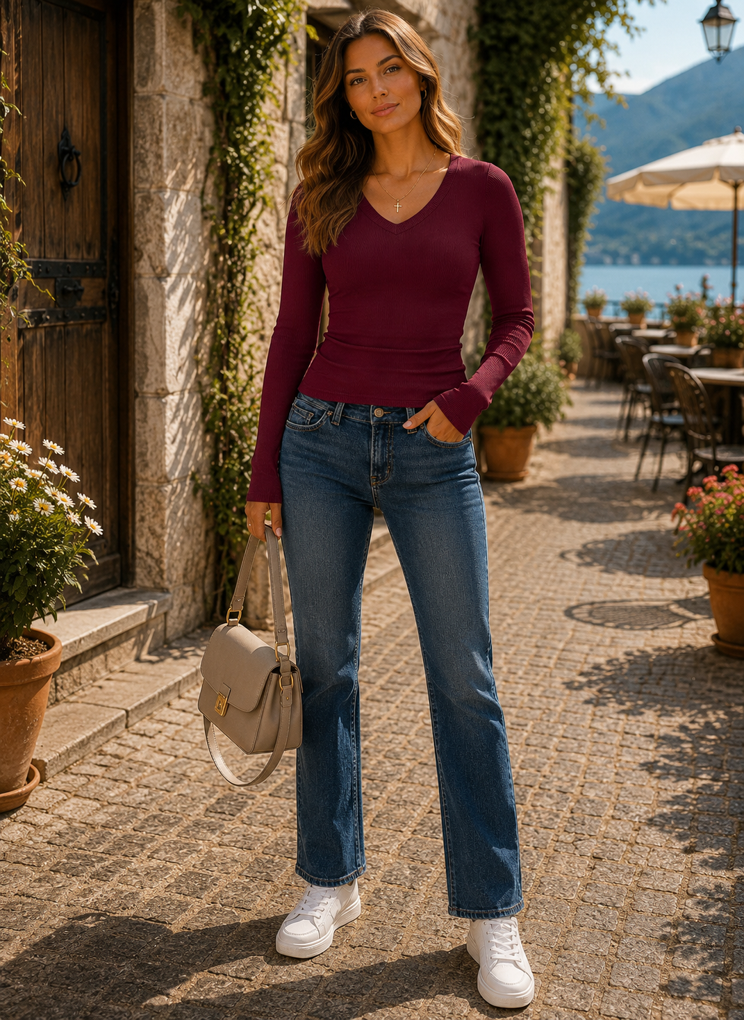 Aldric Women's Ribbed V-Neckline Top – Full-Length Sleeves, Fitted Silhouette & Stretchy Material