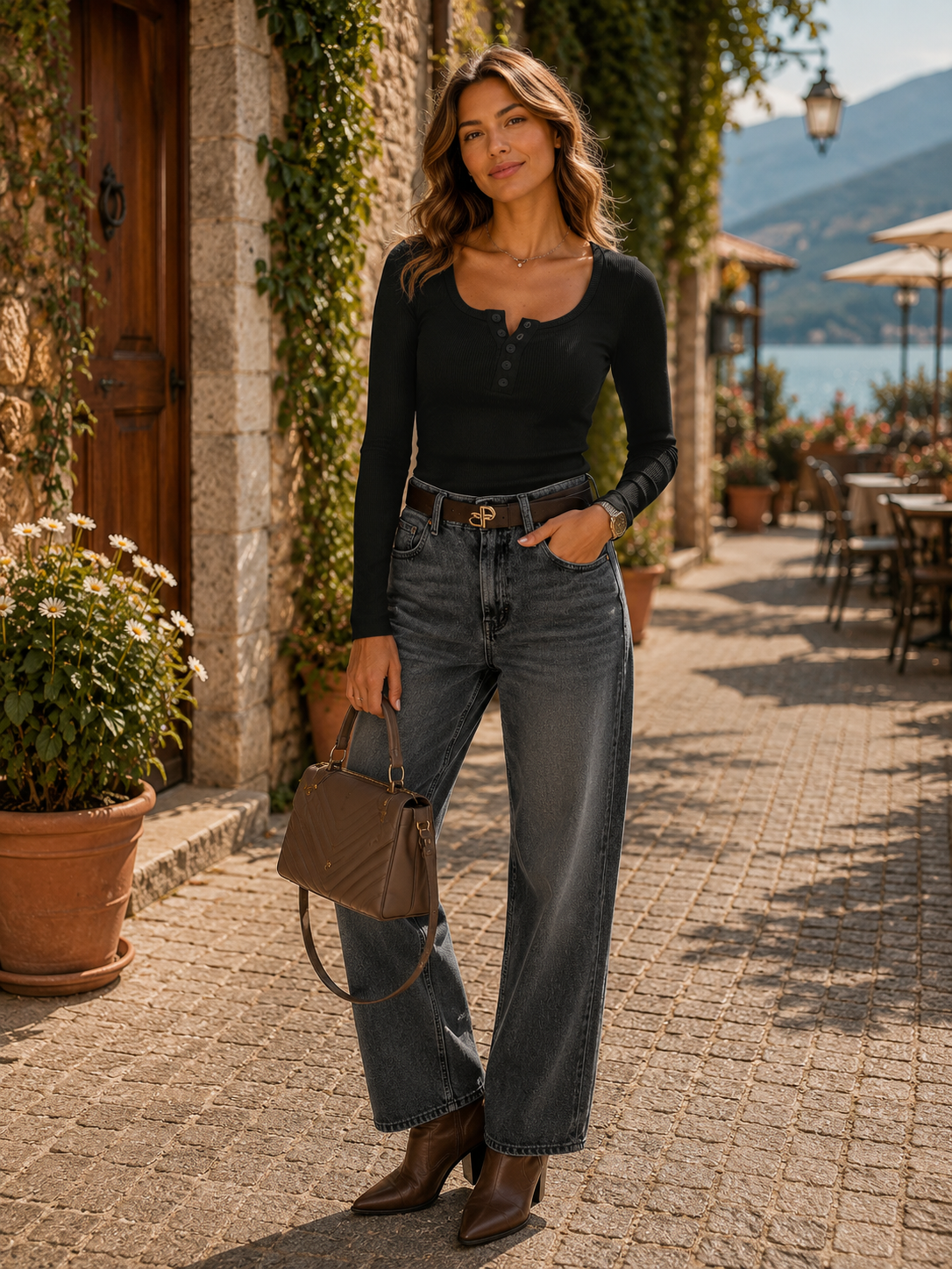Grishilde Women's Ribbed Henley Top – Full-Length Sleeves, Fitted Silhouette & Stretchy Material