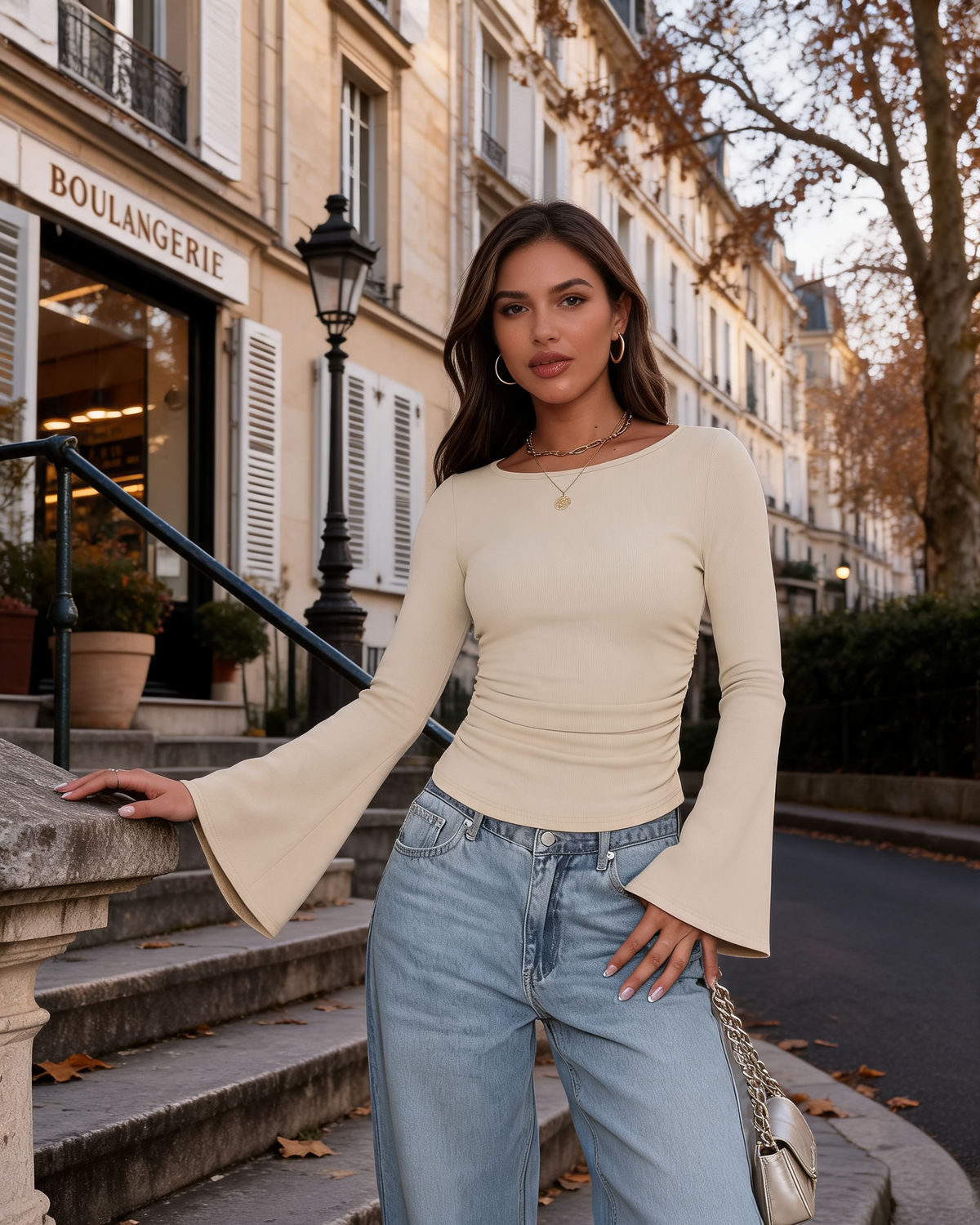 Jeanette Women's Ribbed Boat Neck Top – Bell Sleeves, Ruched Waist & Slim Fit