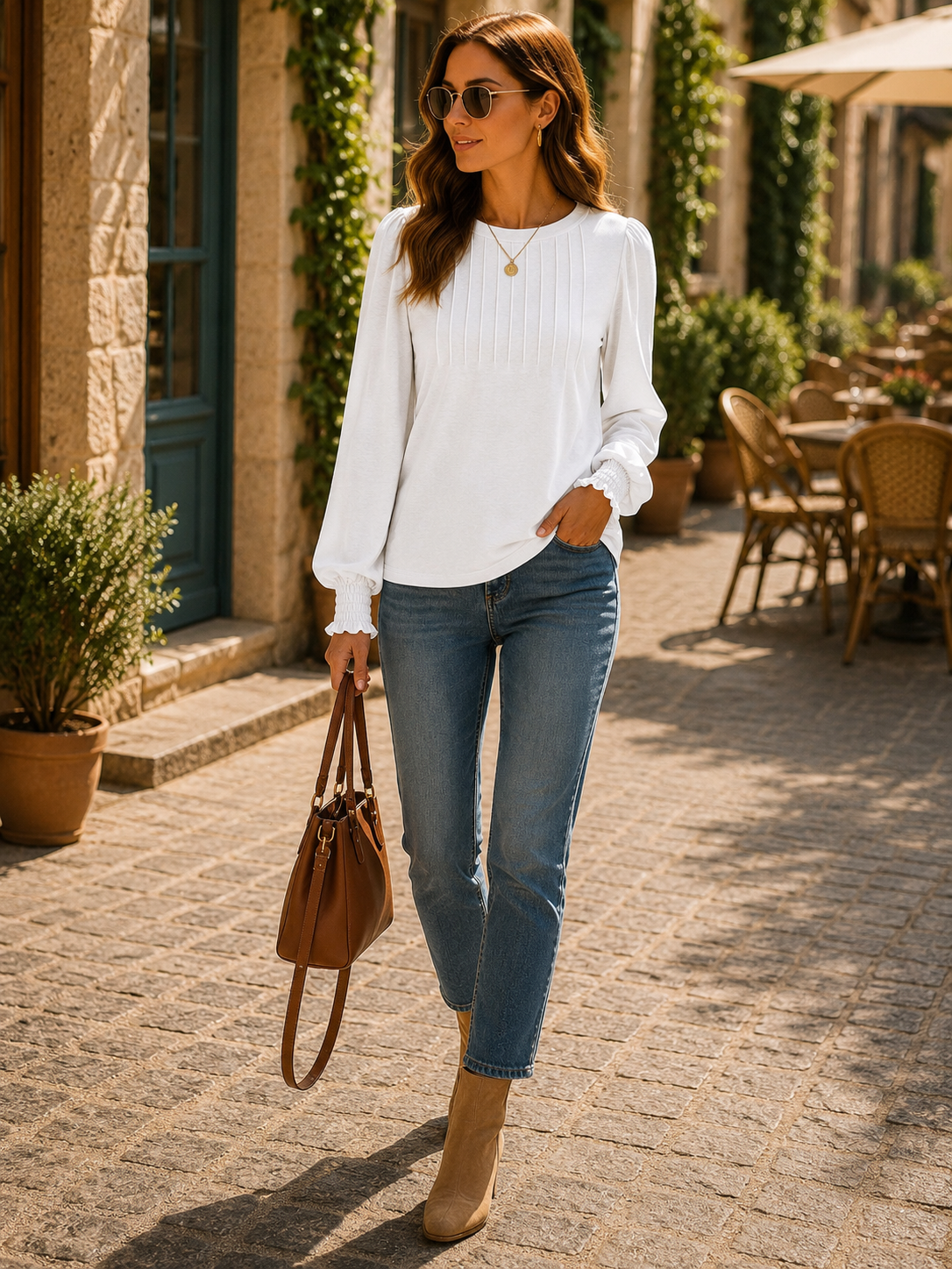 Pandora Women's Pleated Top – Crewneck, Smocked Cuffs & Easy Fit