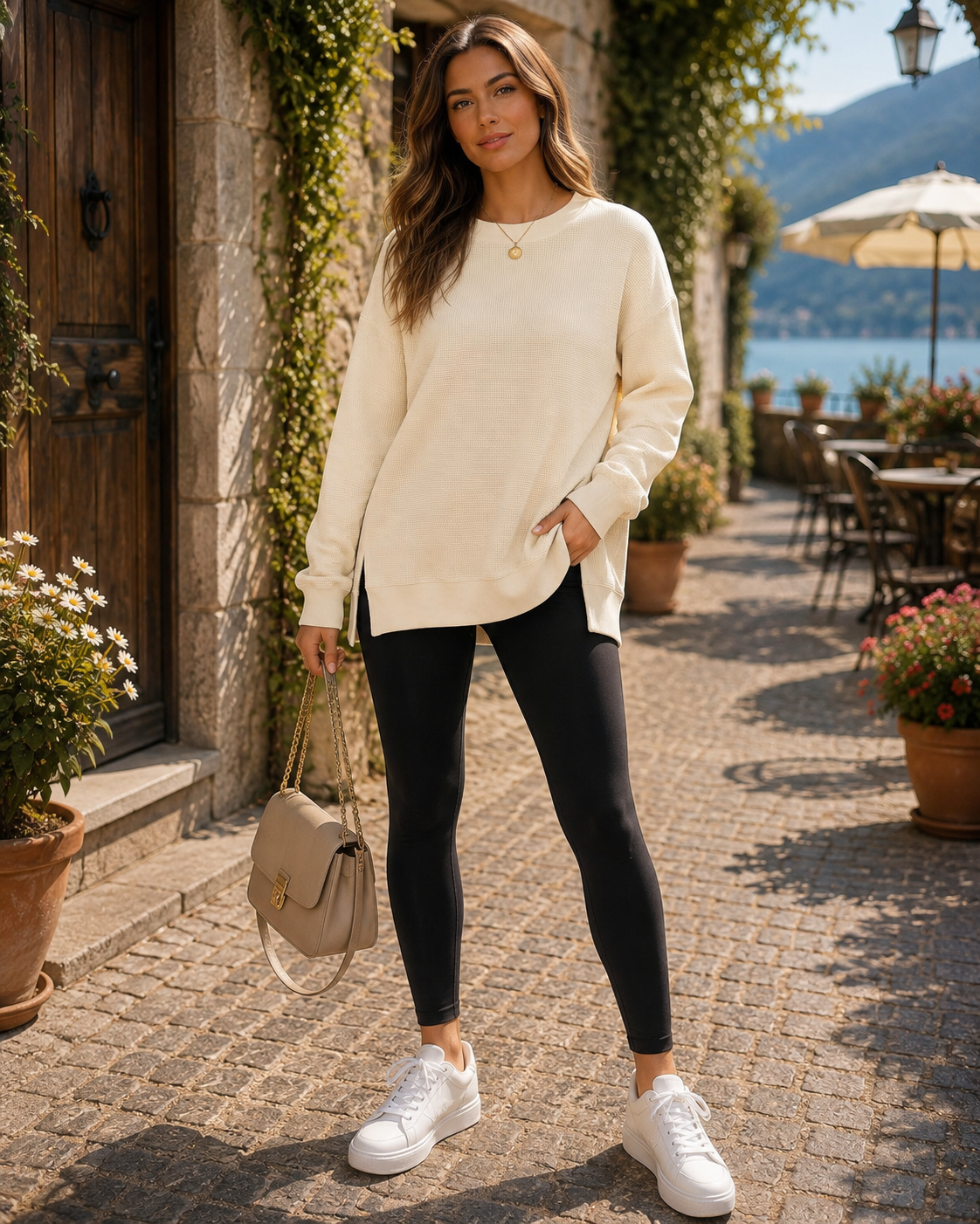 Delphinia Women's Waffle Knit Sweatshirt – Round Neckline, Side Slits & Roomy Fit