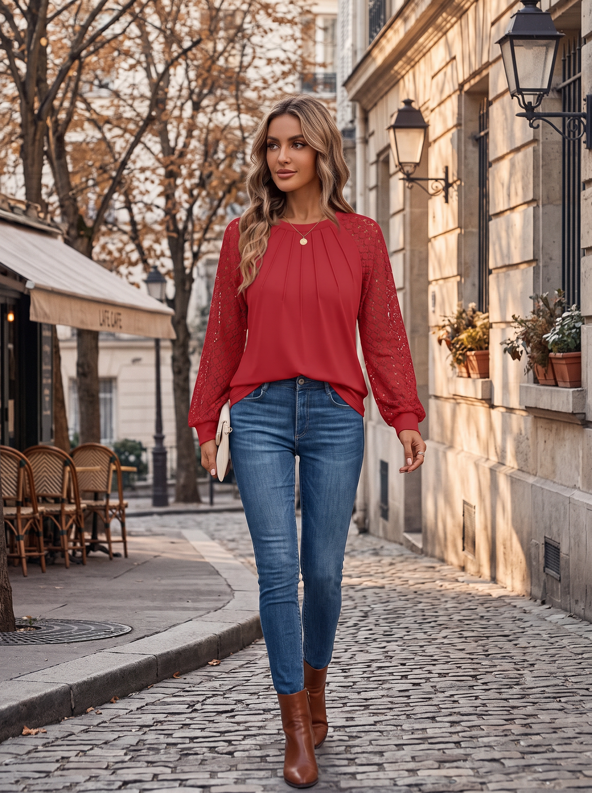Kester Women's Lace Sleeve Top – Round Neckline, Raglan Sleeves & Pintuck Detail