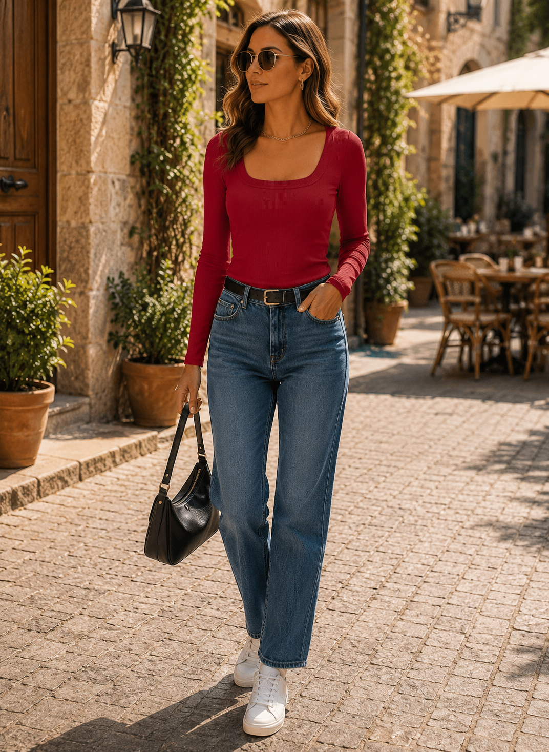 Vesna Women's Ribbed Top – Square Neck, Full-Length Sleeves & Slim Stretch Fit