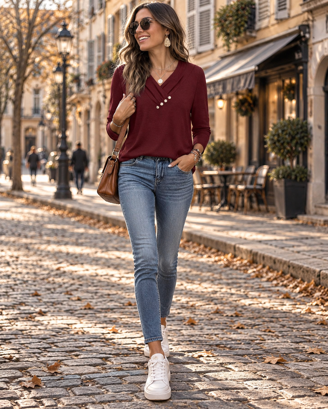Lorraine Women's V-Neck Top – Long Sleeves, Decorative Buttons & Tunic Style