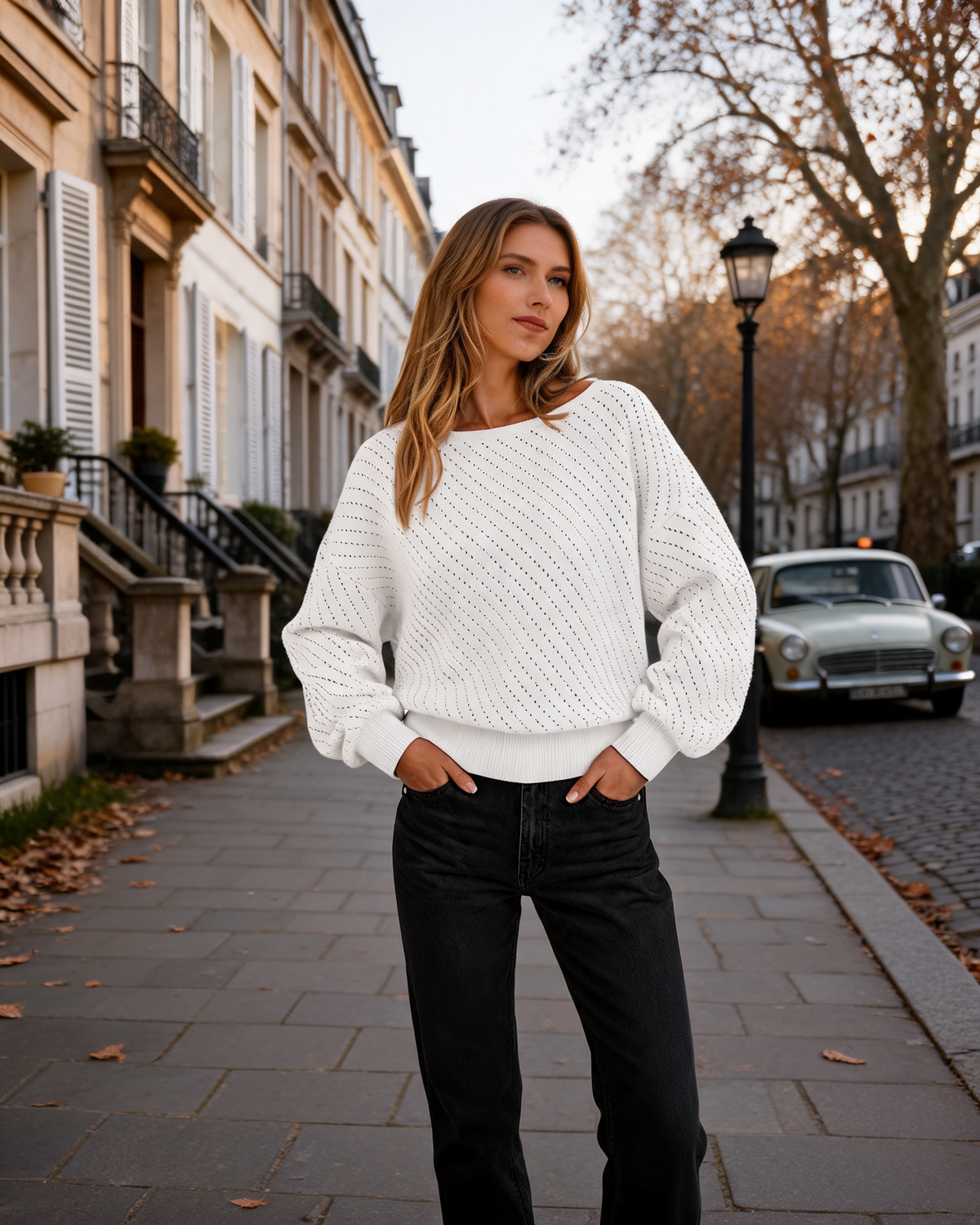 Abigail Women's Boat Neck Knit Sweater – Pointelle Pattern, Balloon Sleeves & Loose Fit