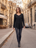 Sally Women's Waffle Knit Top – V-Neck, Lace Patchwork & Ribbed Long Sleeves