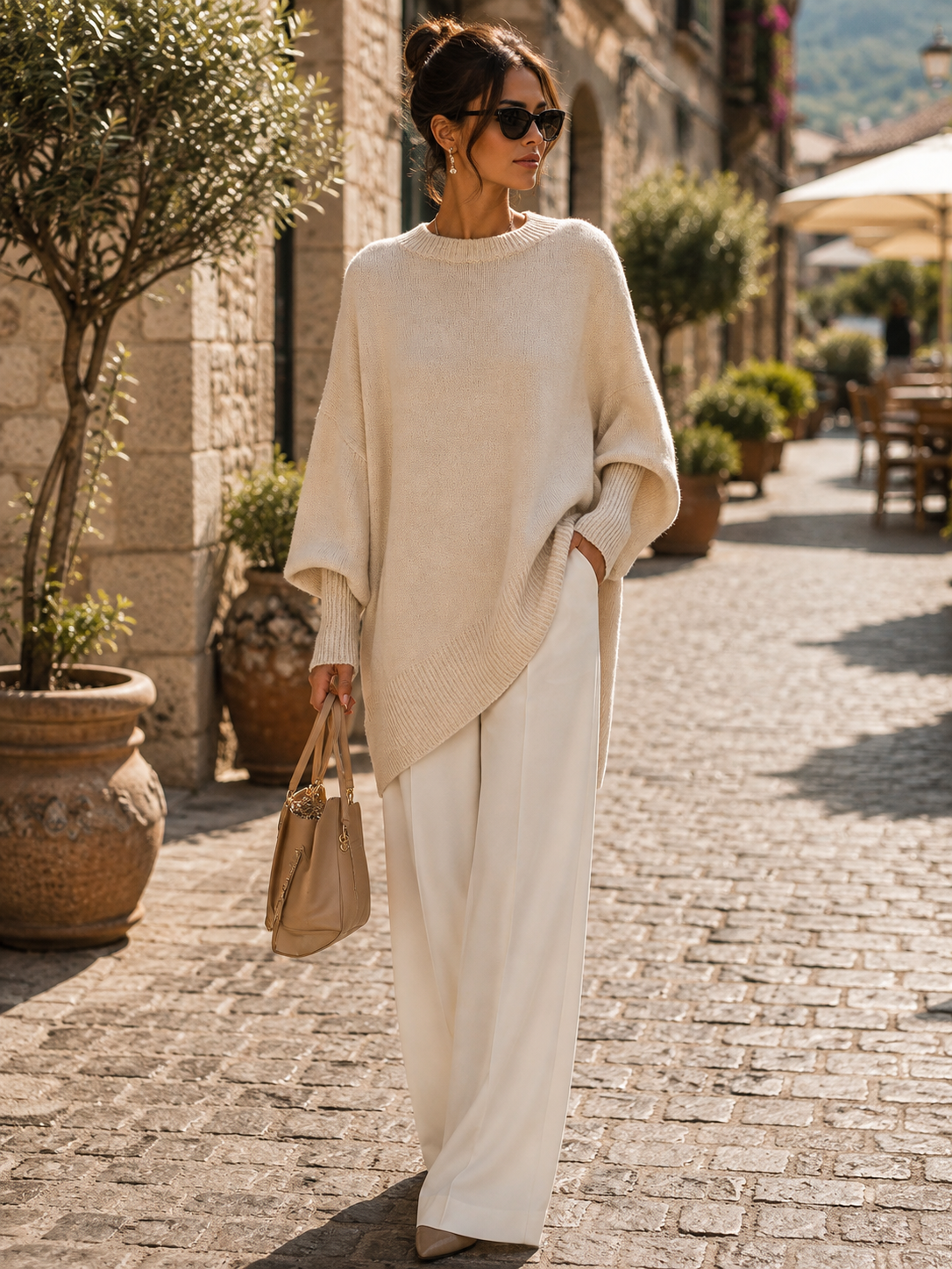 Quirin Women's Oversized Top – Round Neckline, Wide Sleeves & Ribbed Detailing